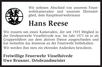 Traueranzeige von Hans Reese von KREISZEITUNG SYKE