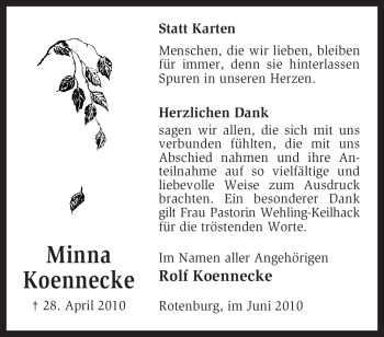 Traueranzeige von Minna Koennecke von KREISZEITUNG SYKE