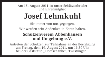 Traueranzeige von Josef Lehmkuhl von KREISZEITUNG SYKE