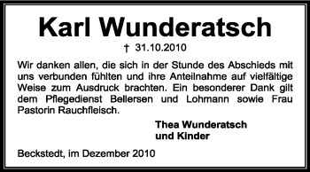 Traueranzeige von Karl Wunderatsch von KREISZEITUNG SYKE