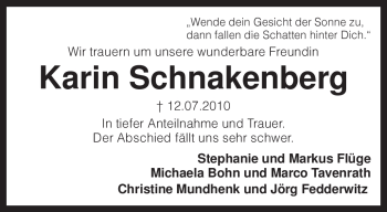 Traueranzeige von Karin Schnakenberg von KREISZEITUNG SYKE