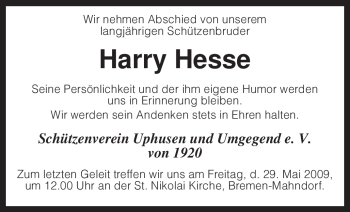 Traueranzeige von Harry Hesse von KREISZEITUNG SYKE