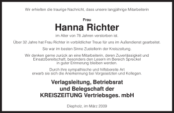 Traueranzeige von Hanna Richter von KREISZEITUNG SYKE