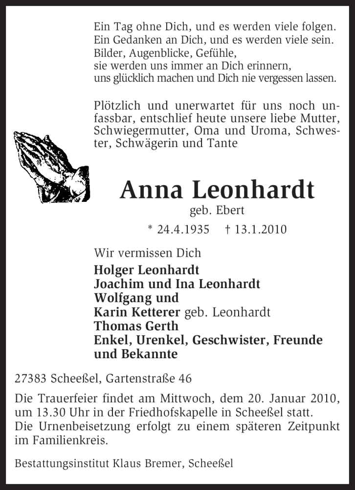  Traueranzeige für Anna Leonhardt vom 16.01.2010 aus KREISZEITUNG SYKE