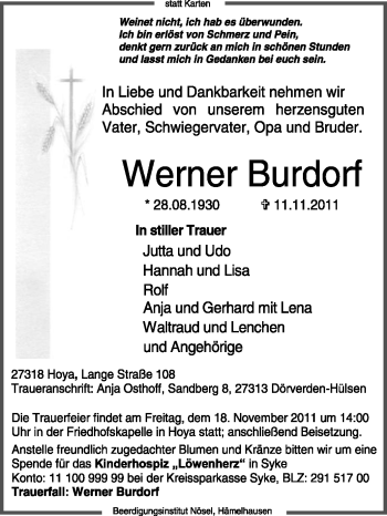 Traueranzeige von Werner Burdorf von KREISZEITUNG SYKE