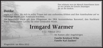 Traueranzeige von Irmgard Warmer von KREISZEITUNG SYKE