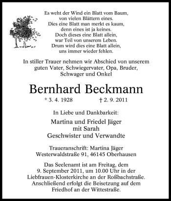 Traueranzeige von Bernhard Beckmann 