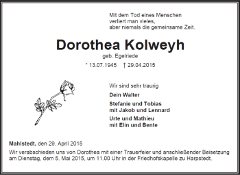 Traueranzeige von Dorothea Kolweyh von Kreiszeitung