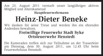 Traueranzeige von Heinz-Dieter Brake von KREISZEITUNG SYKE