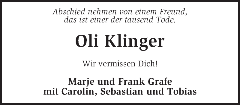  Traueranzeige für Oliver Klinger vom 25.04.2015 aus KRZ