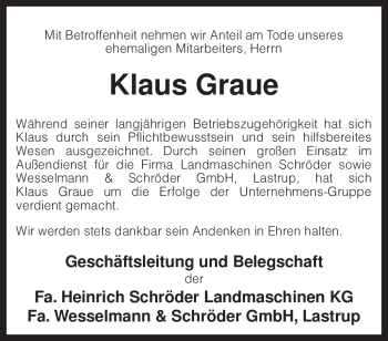 Traueranzeige von Klaus Graue von KREISZEITUNG SYKE