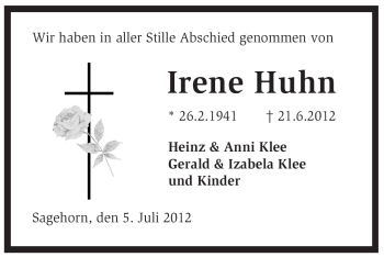 Traueranzeige von Irene Huhn von KREISZEITUNG SYKE