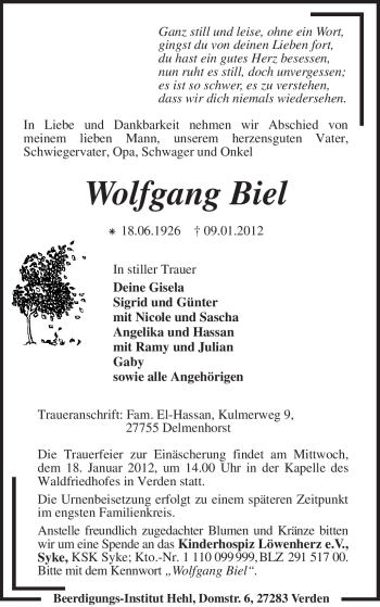 Traueranzeige von Wolfgang Biel von KREISZEITUNG SYKE