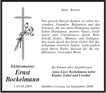 Traueranzeige von Ernst Bockelmann von KREISZEITUNG SYKE