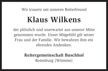 Traueranzeige von Klaus Wilkens von KREISZEITUNG SYKE