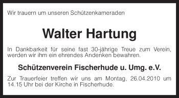 Traueranzeige von Walter Hartung von KREISZEITUNG SYKE