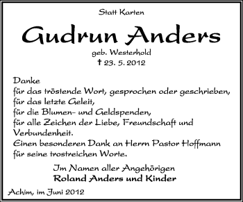 Traueranzeige von Gudrun Anders von KREISZEITUNG SYKE