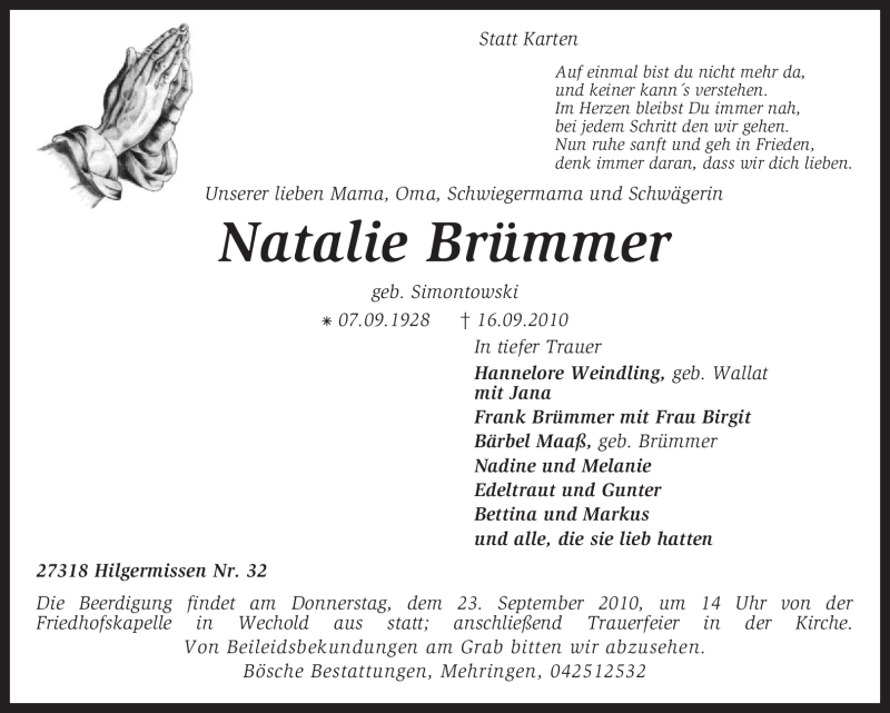  Traueranzeige für Natalie Brümmer vom 20.09.2010 aus KREISZEITUNG SYKE