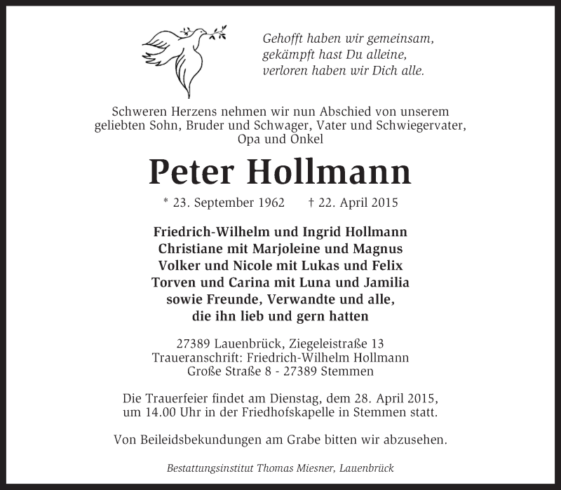 Traueranzeige für Peter Hollmann vom 24.04.2015 aus KRZ