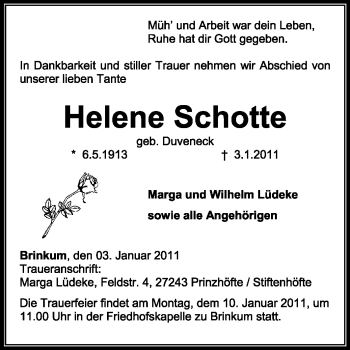 Traueranzeige von Helene Schotte von KREISZEITUNG SYKE