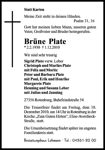 Traueranzeige von Brüne Plate von KREISZEITUNG SYKE