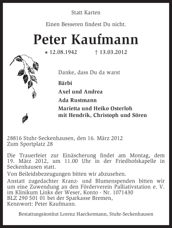 Traueranzeige von Peter Kaufmann von KREISZEITUNG SYKE