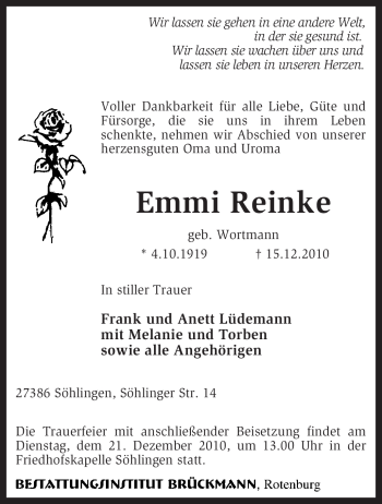 Traueranzeige von Emmi Reinke von KREISZEITUNG SYKE