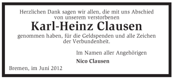 Traueranzeige von Karl-Heinz Clausen von KREISZEITUNG SYKE