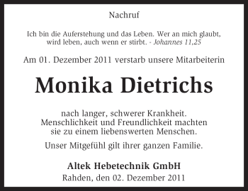 Traueranzeige von Monika Dietrichs von KREISZEITUNG SYKE