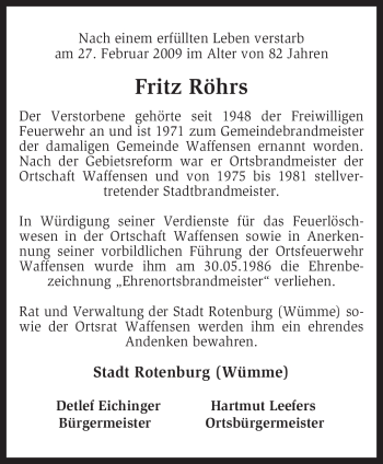 Traueranzeige von Fritz Röhrs von KREISZEITUNG SYKE