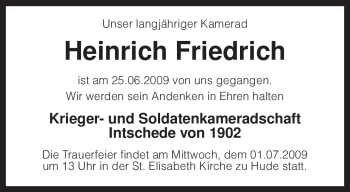 Traueranzeige von Heinrich Friedrich von KREISZEITUNG SYKE