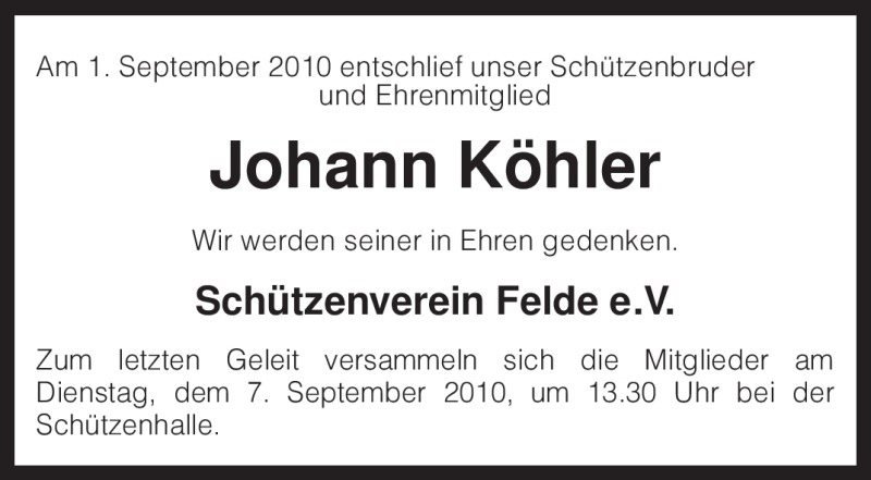  Traueranzeige für Johann Köhler vom 03.09.2010 aus KREISZEITUNG SYKE