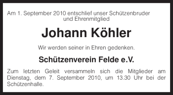 Traueranzeige von Johann Köhler von KREISZEITUNG SYKE