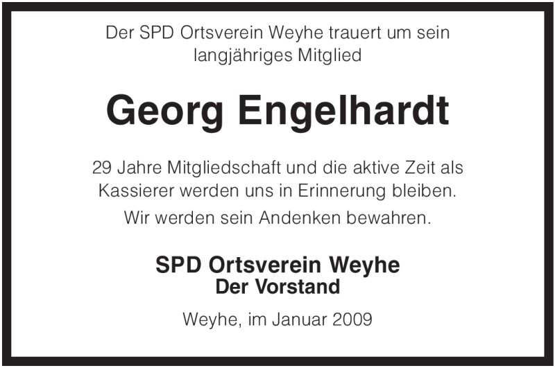  Traueranzeige für Georg Engelhardt vom 02.02.2009 aus KREISZEITUNG SYKE
