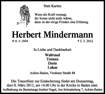Traueranzeige von Herbert Mindermann von KREISZEITUNG SYKE