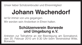 Traueranzeige von Johann Wachendorf von KREISZEITUNG SYKE