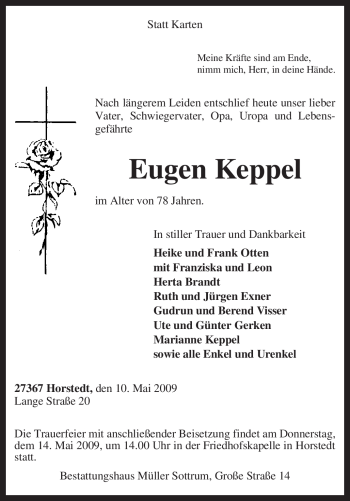 Traueranzeige von Eugen Keppel von KREISZEITUNG SYKE