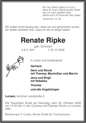 Traueranzeige von Renate Ripke von KREISZEITUNG SYKE