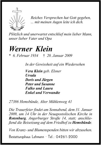 Traueranzeige von Werner Klein von KREISZEITUNG SYKE