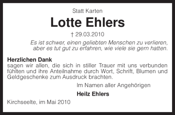 Traueranzeige von Lotte Ehlers von KREISZEITUNG SYKE