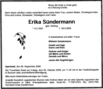 Traueranzeige von Erika Sündermann von KREISZEITUNG SYKE