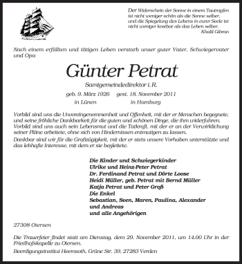 Traueranzeige von Günter Petrat von KREISZEITUNG SYKE