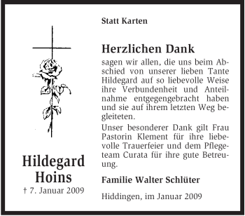 Traueranzeige von Hildegard Hoins von KREISZEITUNG SYKE