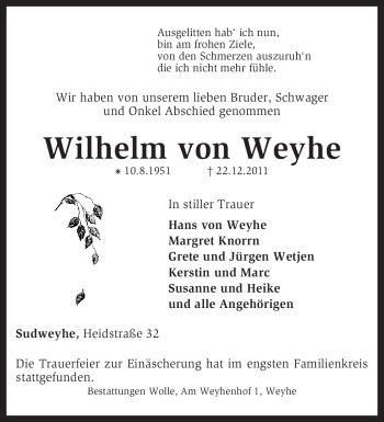 Traueranzeige von Wilhelm von Weyhe von KREISZEITUNG SYKE