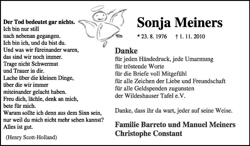  Traueranzeige für Sonja Meiners vom 27.11.2010 aus KREISZEITUNG SYKE