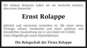 Traueranzeige von Ernst Rolappe von KREISZEITUNG SYKE