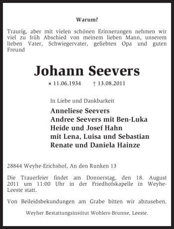 Traueranzeige von Johann Seevers von KREISZEITUNG SYKE