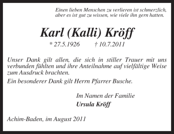 Traueranzeige von Karl Kröff von KREISZEITUNG SYKE