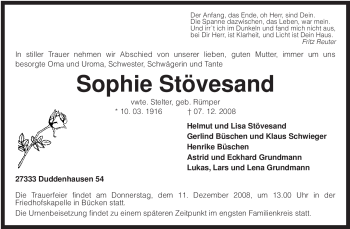 Traueranzeige von Sophie Stövesand von KREISZEITUNG SYKE