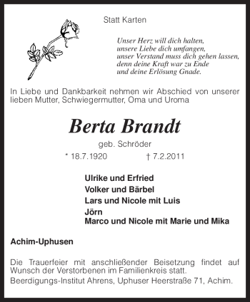 Traueranzeige von Berta Brandt von KREISZEITUNG SYKE